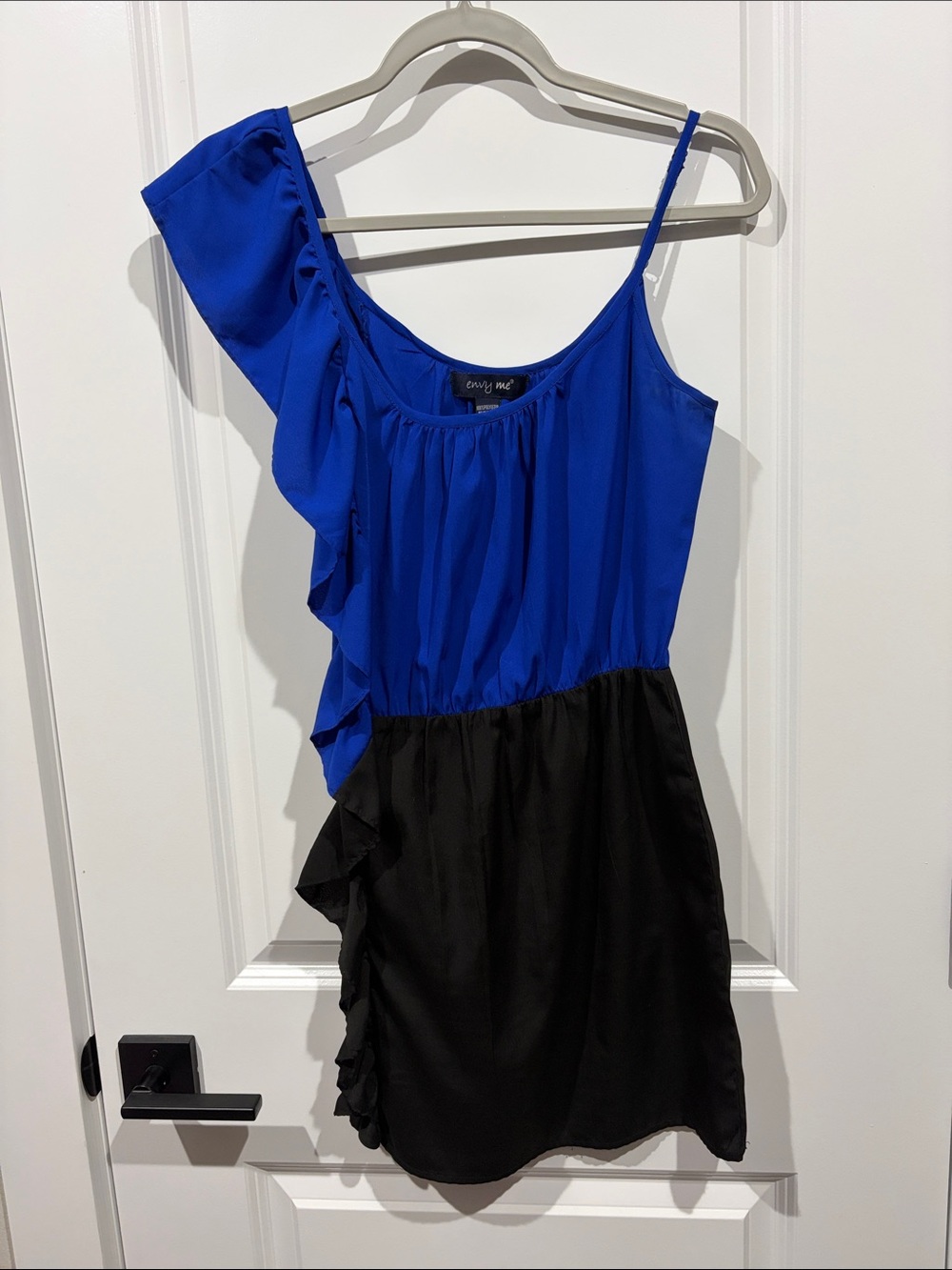 Express One-Shoulder Royal Blue and Black Ruffle Camisole Dress Top